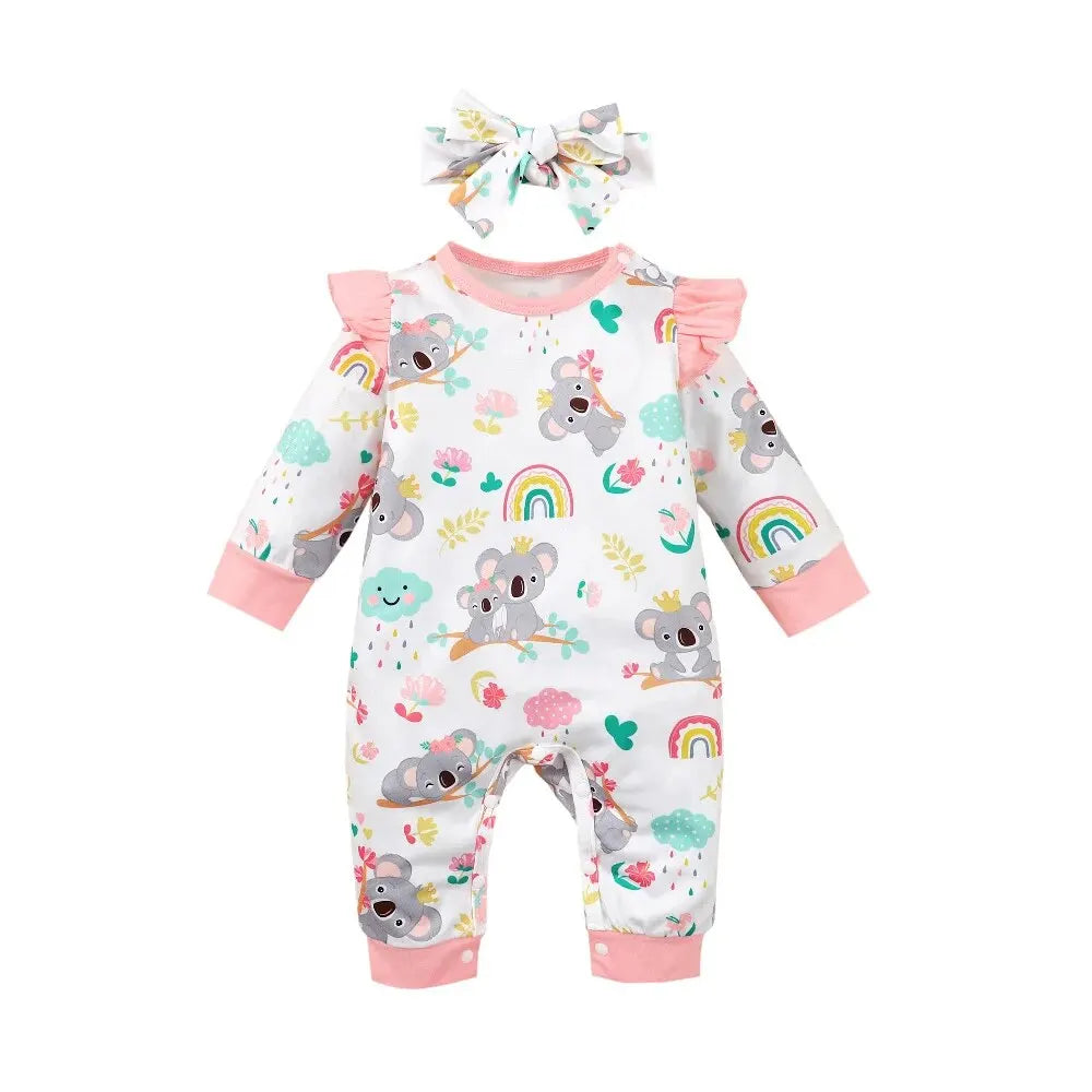 2PCS Romper Outfits Newborn Baby Girl Long Sleeves Cute Koala Bodysuit with Headband Infant Baby Spring and Autumn Jumpsuit