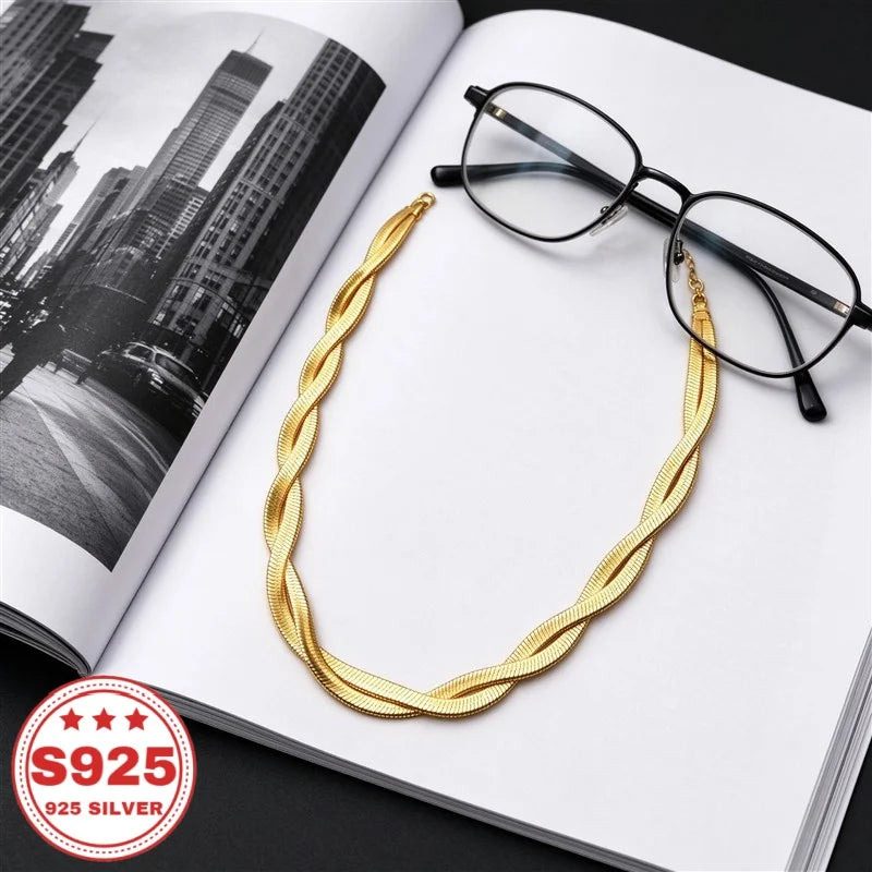 Twisted Herringbone Necklace, 18K Plated S925 Sterling Silver, Intertwined Flat Snake Chain, Unisex Fashion Jewelry, Daily Wear, Anniversary Birthday Holiday Gift, Buy Three Get One Free