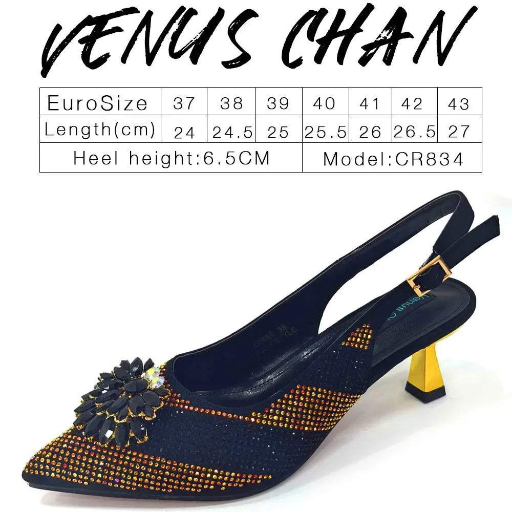 2024 Italian Design Rhinestone Luxury Wine Colour Pointed Toe Shoe & Bag Set Women's High Heels for Parties By Venus Chan
