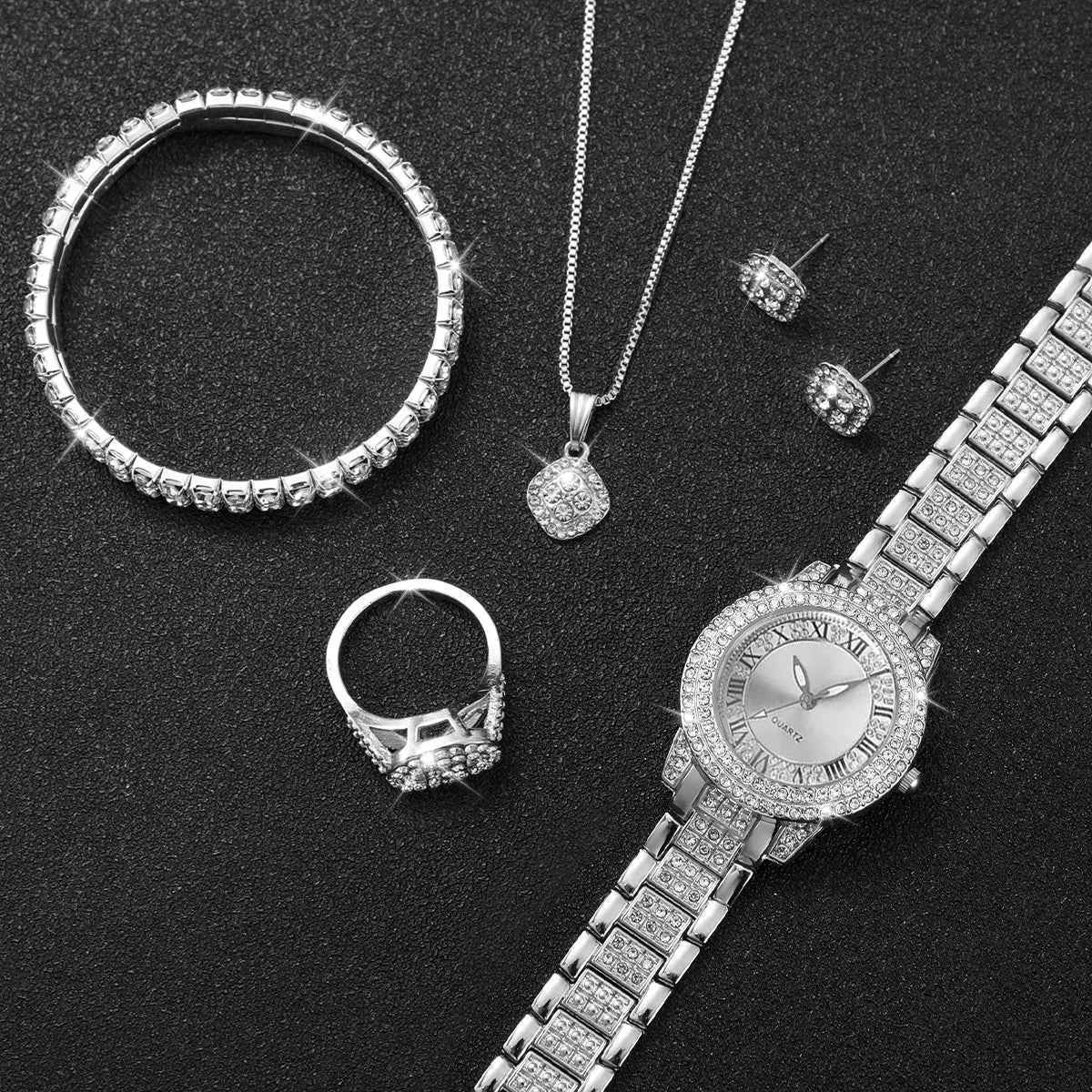 6PCS/Set Fashion Diamond encrusted Women's Watch Roman Quartz Watch Bracelet for Women's High end Fashion Watch