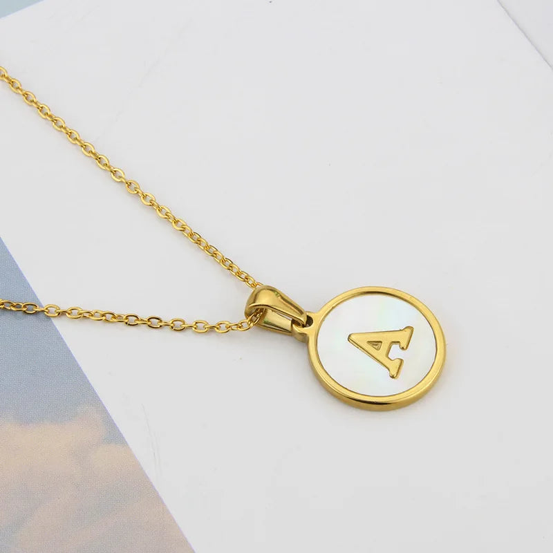 Initial Letter Necklaces for Women Trendy Stainless Steel Circle Couple Pendant Inlaid Shell Jewelry