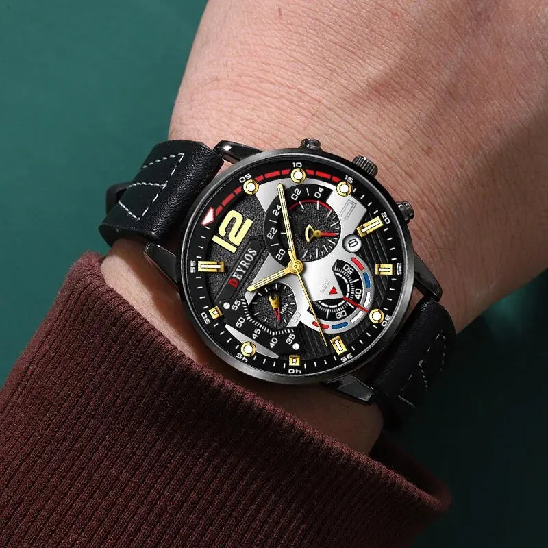 3PCS Set Fashion Mens Watches Luxury Black Leather Quartz Wristwatch Calendar Date Men Business Casual Watch Bracelet Necklace