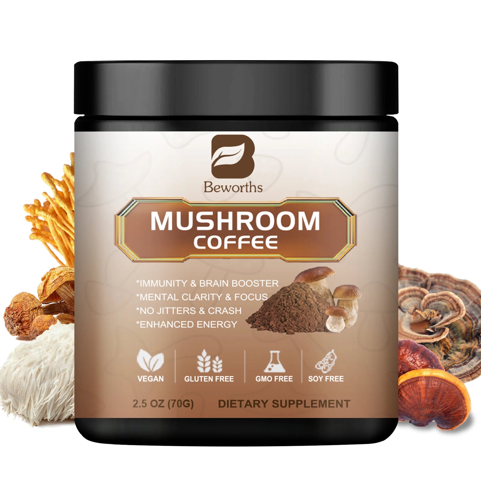 BWEORTHS 70/120/250G Mushroom Coffee Mixed Reishi&Lion's Mane Mushrooms Support Immunity&Focus Health Boost Memory NO-GMO