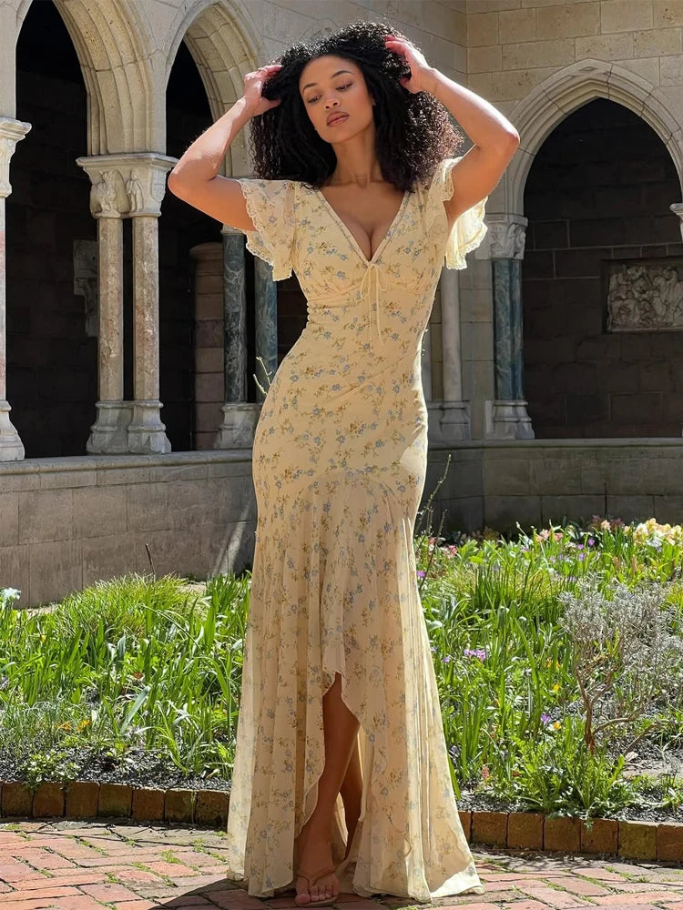 Women Pink Floral Print Maxi Dress Elegant V Neck Ruffle Trim Flare Sleeve Ruched High Chiffon Dresses 2026 Lady Party Vestido