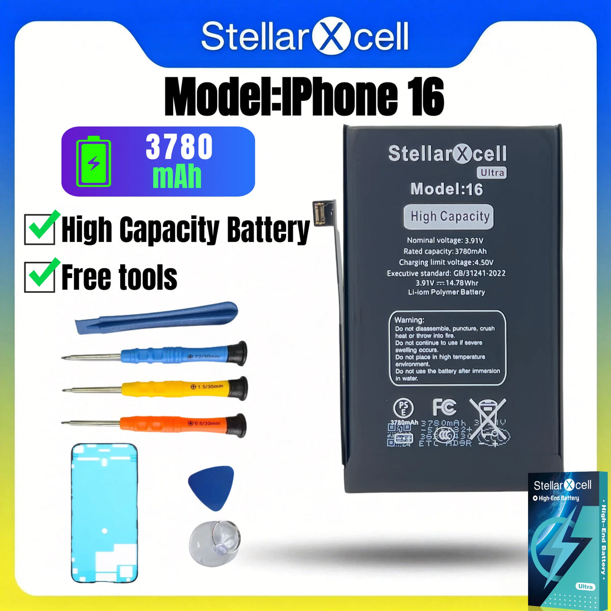 StellarXcell Ultra Original Battery High Capacity Cell for iPhone 7037 TI for 11 12 13 14 15 Pro Plus promax mini with Free Tool