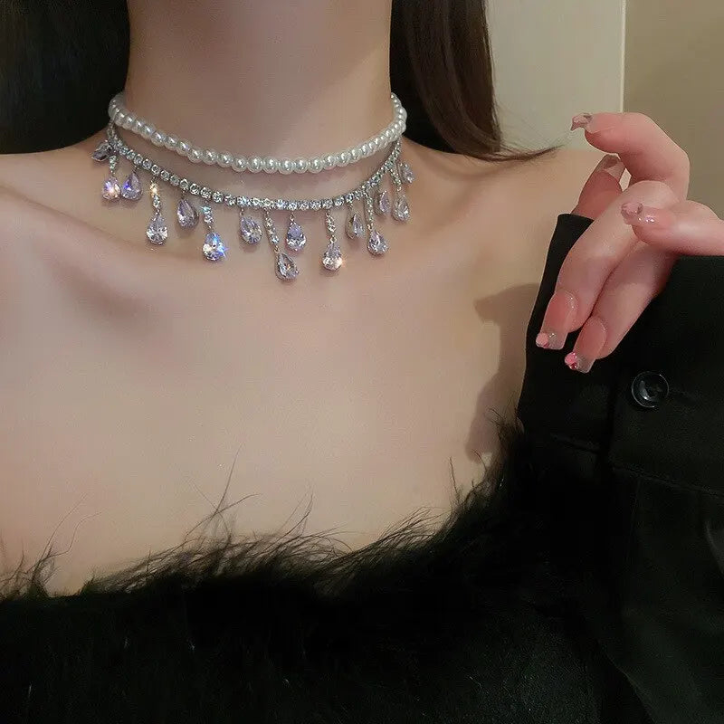 Luxury Rhinestone Crystal Chokers Necklaces For Women Multilayer Imitation Pearl Chain Necklace For Party Wedding Jewelry K-