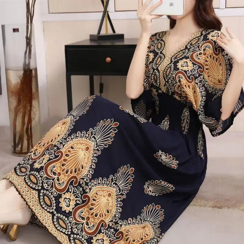 2025 Summer New Casual Elegant Retro Bohemian Style V-neck Elastic Waist Large Swing Printed Long Skirt Autumn Summer Dress