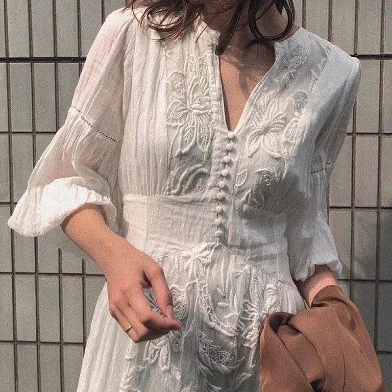 GypsyLady White Floral Embroidery Maxi Dress Vintage Boho Long Lantern Sleeve Dress Women V-neck Holiday Sexy Ladies Dresses