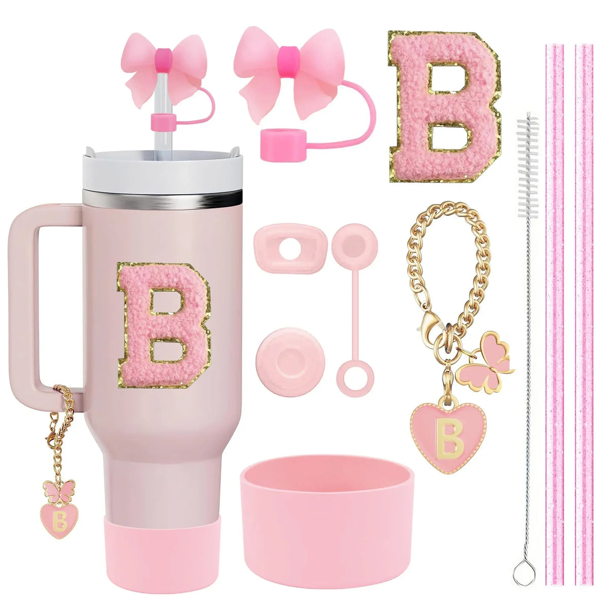10PCS Accessories Set for Stanley Cup, 2 Straw and Brush and 1 Flower Charm Chain 3 Spill Proof Stopper Flowers Straw Cover Boot