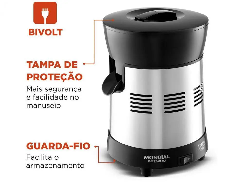 Mondial Turbo Premium E-10 Electric Stainless Steel Fruit Juicer 250W 1L Capacity - Bivolt