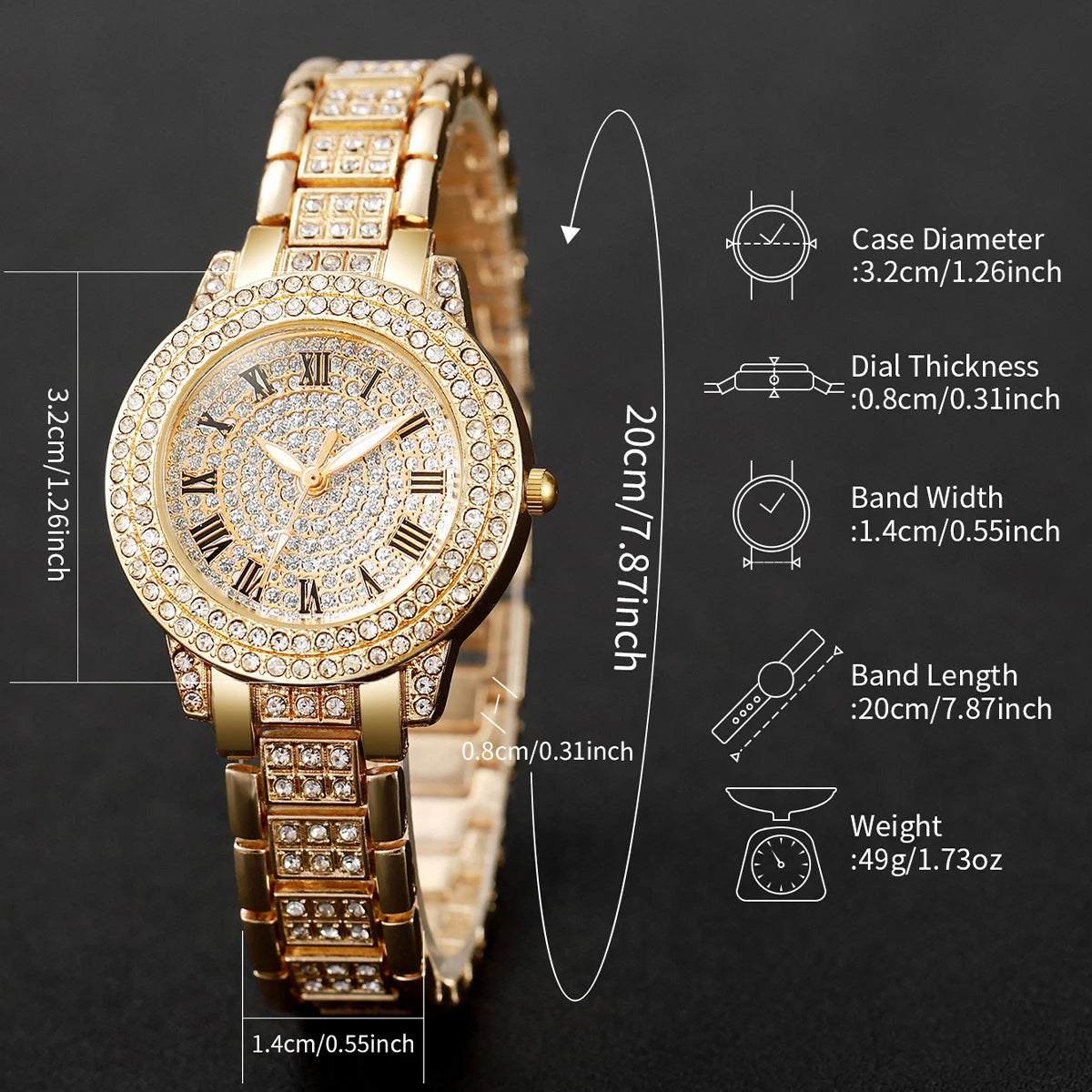 6PCS Fashion Roma Dial Women Quartz Watch Diamond Jewelry Set Elegant Rhinestone Ladies Wristwatches Girls Gift (Without Box)
