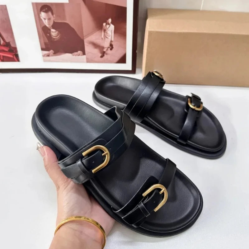 Women's Leopard Print Platform Sandals 2026 Summer Chunky Double Buckle Design Casual Beach Shoes Open Toe Flat Footwear
