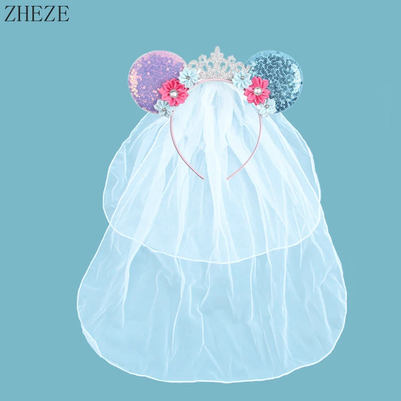 White Day Mouse Ears Headband With Veil Sequins 5"Bow Headwear For Women Festival Hairband Single Party DIY Hair Accessories