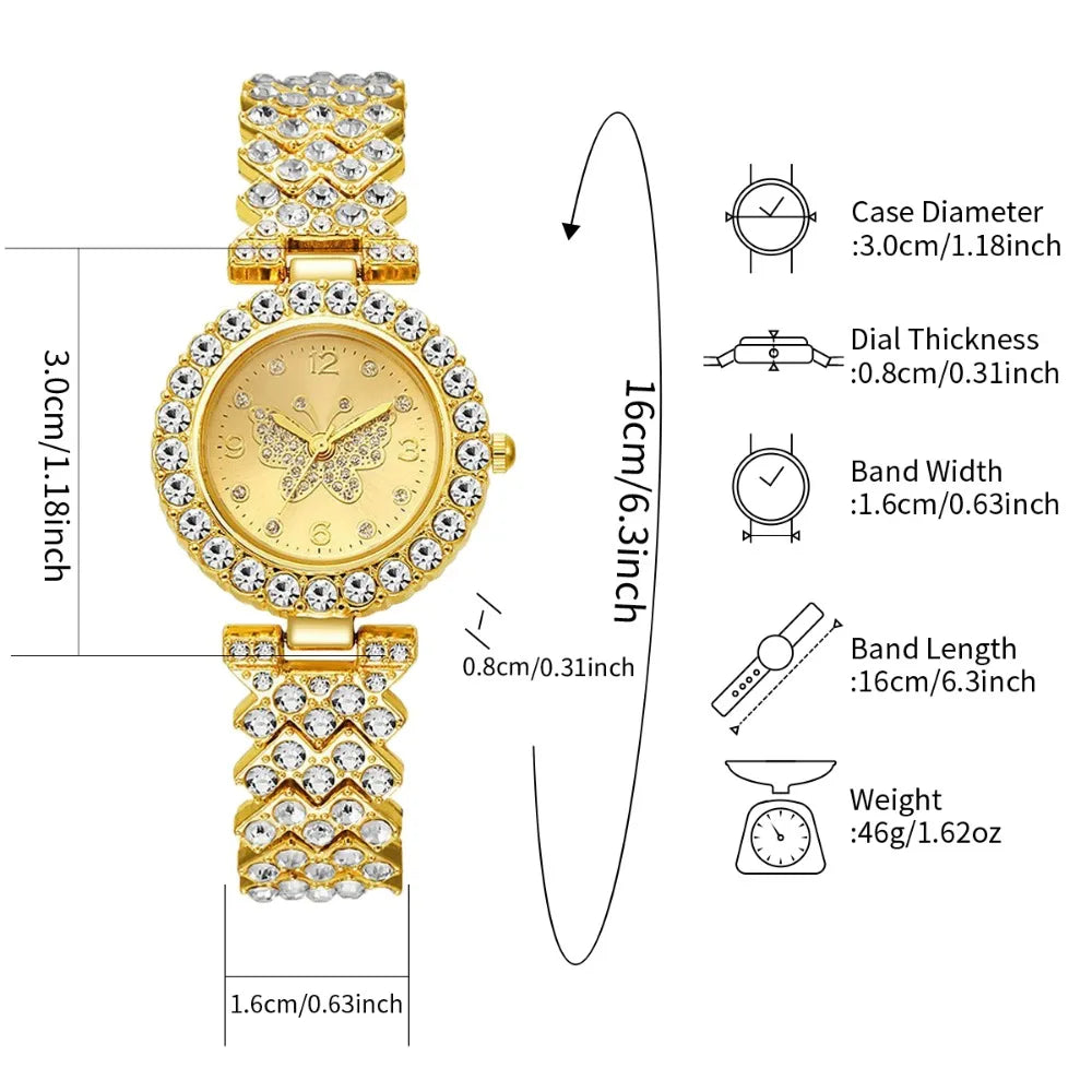 5PCS Luxury Rhinestone Butterfly Dial Women's Quartz Watch Elegant Ladies Bracelet Wristwatch Jewelry Set（Without Box）
