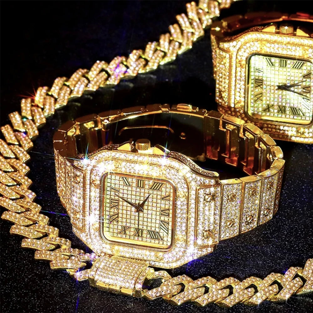 3pcs Men's Watch Set Hip-hop Punk Inlay Diamond Square Watch+Cuban Chain+Bracelet Comes With Strap Adjuster Stylish Jewelry Gift