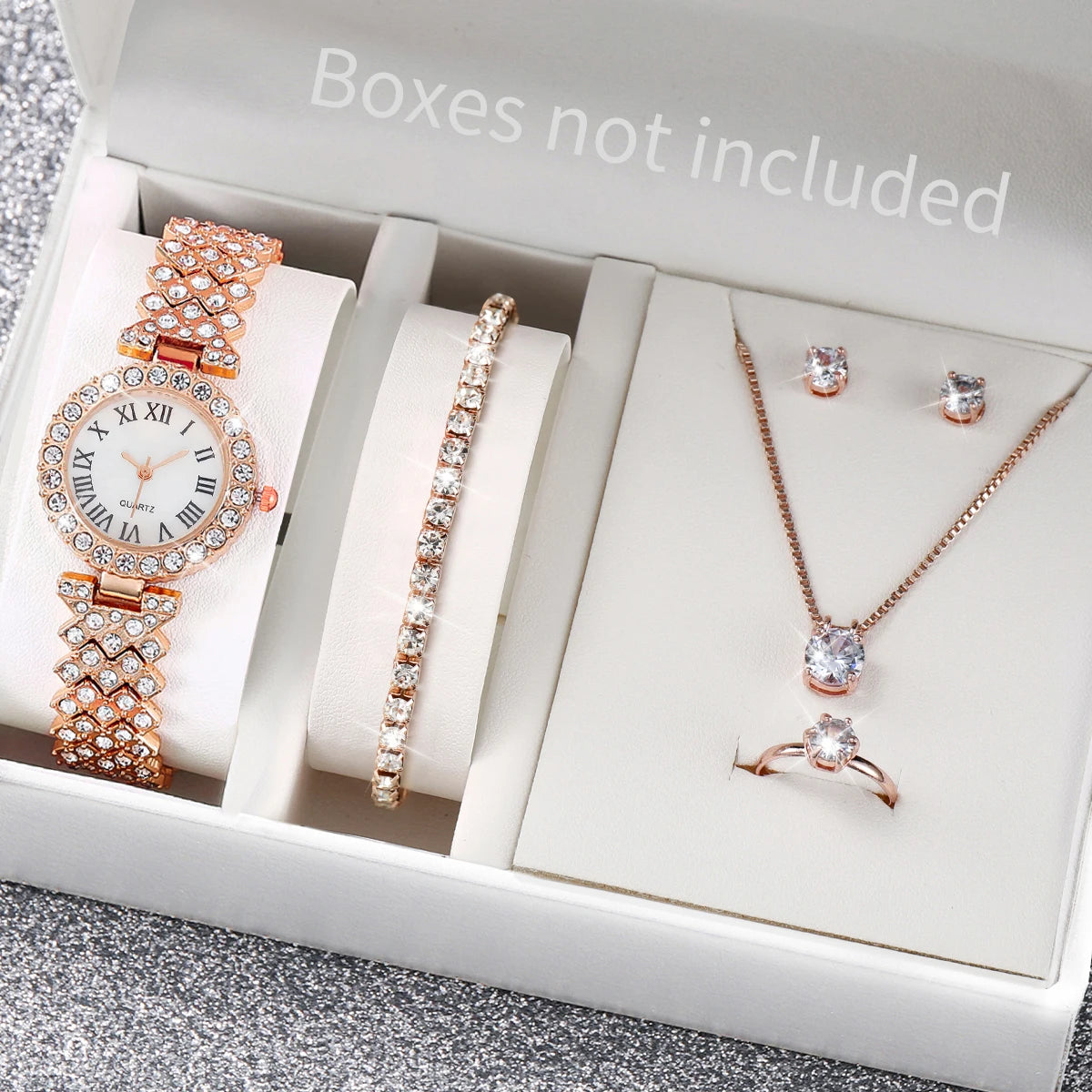 6PCS/Set Luxury Women Watches Fashion Rhinestone Roma Dial Bracelet Band Quartz Watch Jewelry Set Reloj Mujer（Without Box）
