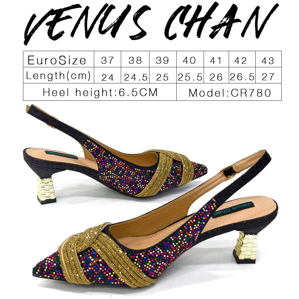 Venus Chan 2024 Special Design High Quality Orange Color African Women Shoes and Bag Set with Shinning Crystal for Wedding Party