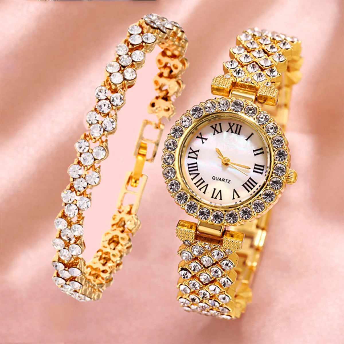 Fashion Women Elagant Watch Casual Simple Steel Strap Quartz Diamond Inlaid Watch Bracelet 2pcs Set Temperament Wearing Style