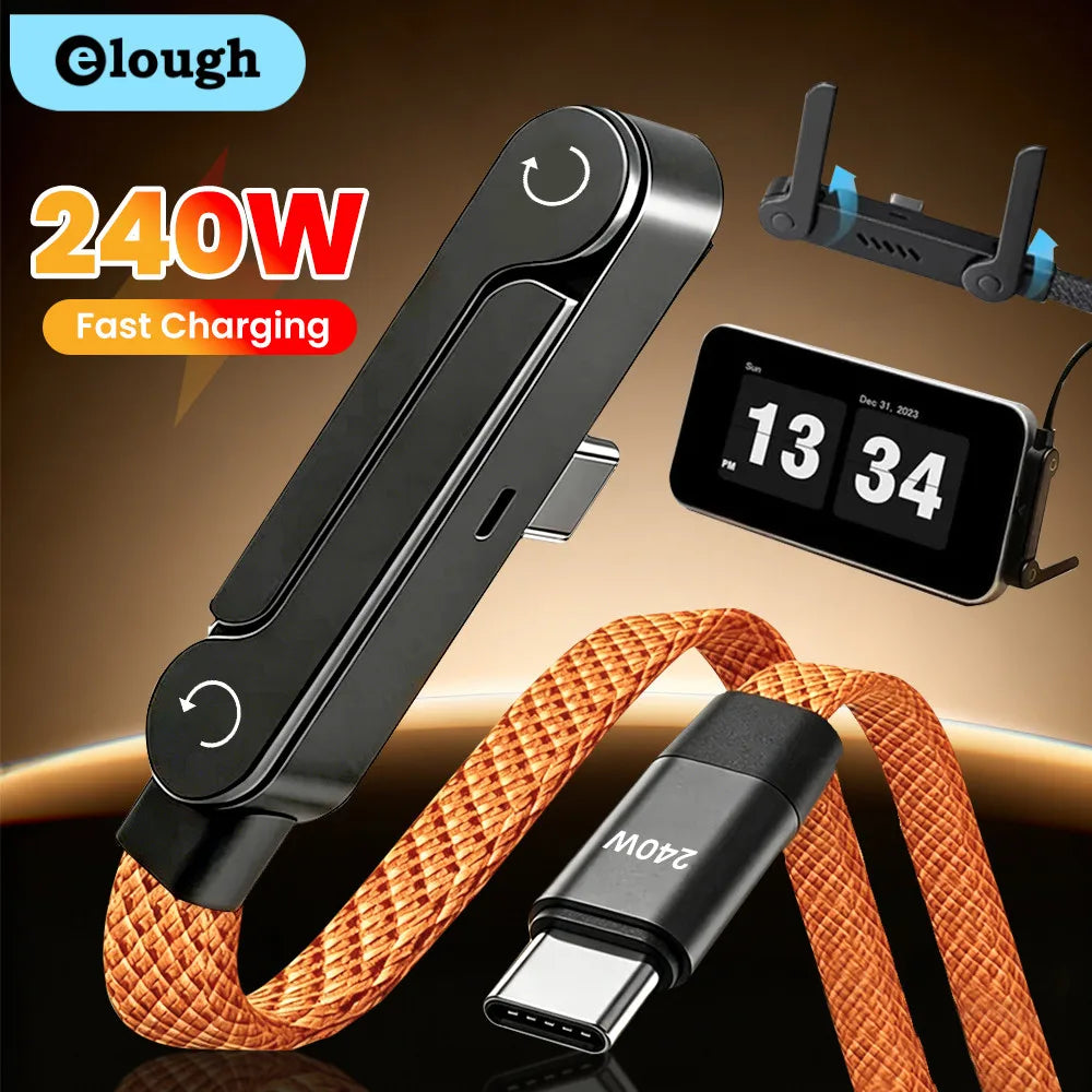 240W 2-in-1 Type C to USB C Fast Charging Data Cable Foldable Phone Holder Type C Fast Charging cabo For iPhone 17 Black/Orange