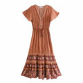 Happie Queens Women Floral Print  Beach Bohemian Rayon Maxi Dresses Ladies Deep V Neck Button Boho Pleated Dress Vestidos