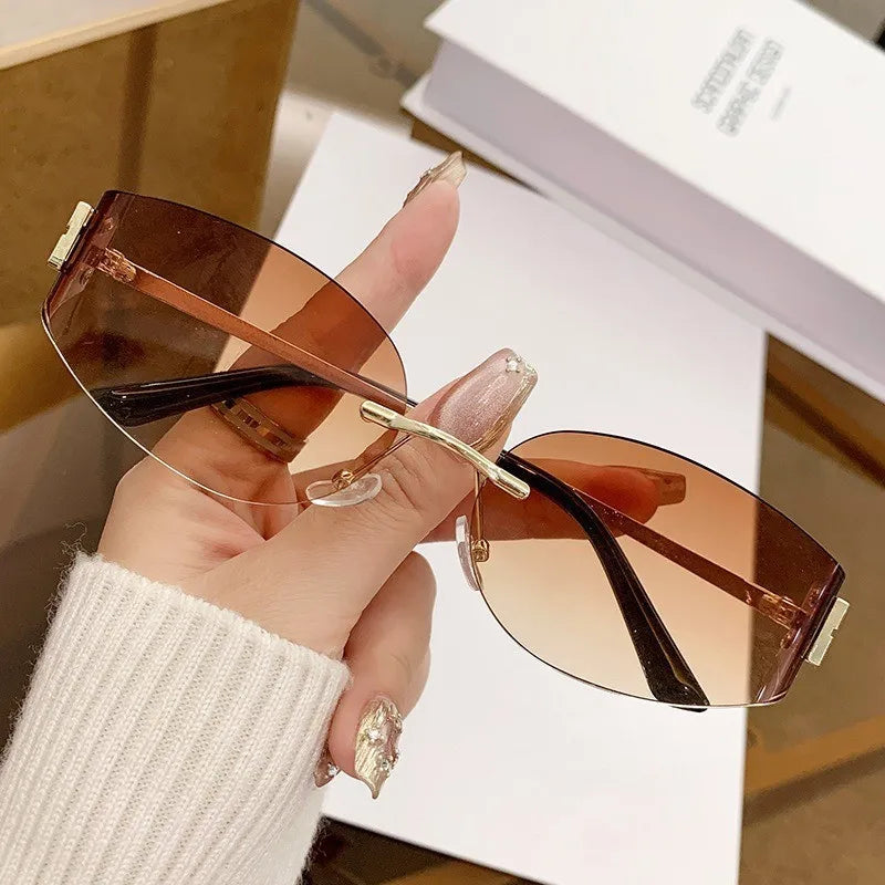 Rimless Oval Sunglasses Women UV400 Oversized Gradient Black Lenses Metal Frame Punk Decorative Glasses Men Goggles Female