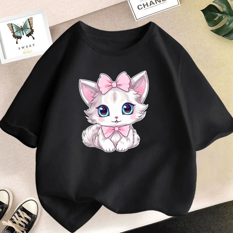 Girls Cotton Cute Cat/dog Graphic T shirt Summer Fashion Vintage Personality Kawaii Purple clothes Short Sleeve Tops