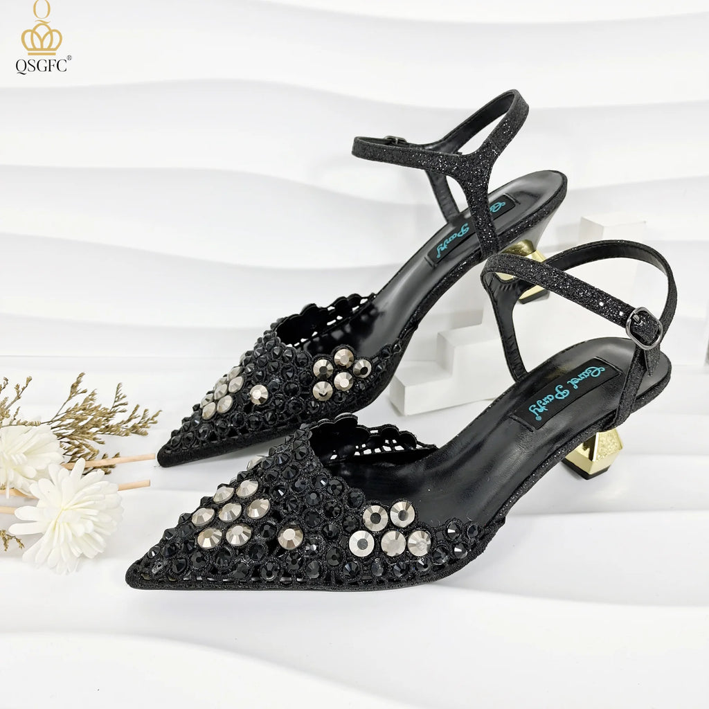 Happy Time Exquisite ! African Women's Shoes And Star Bag Rhinestone Embellished Pointed Toe Cutout Heels Square Clutch Bag