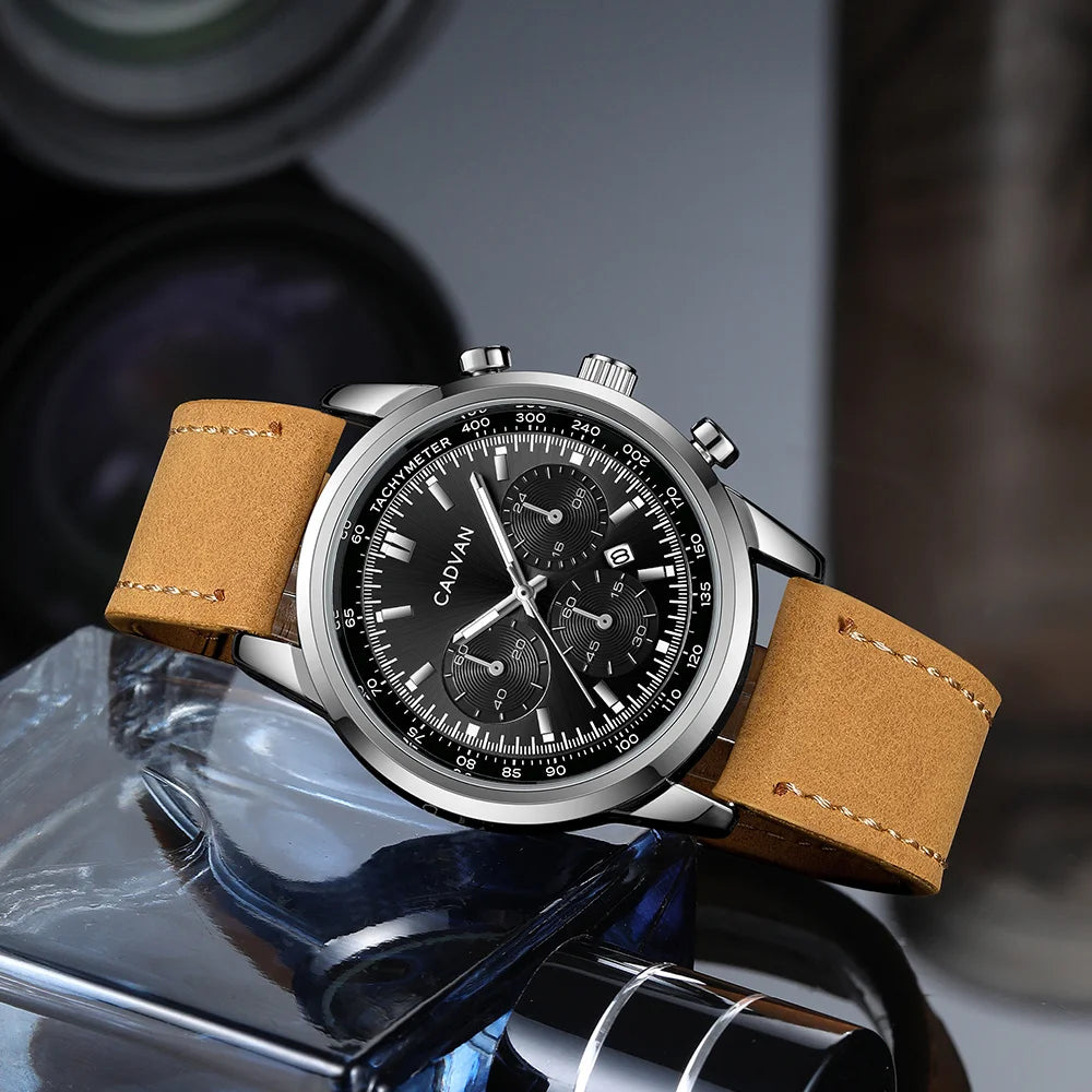 CADVAN Men's Retro Round Watch, Fake Three Eye Design Calendar Quartz Watch, Available in Two Colors - Comes with Packaging Box