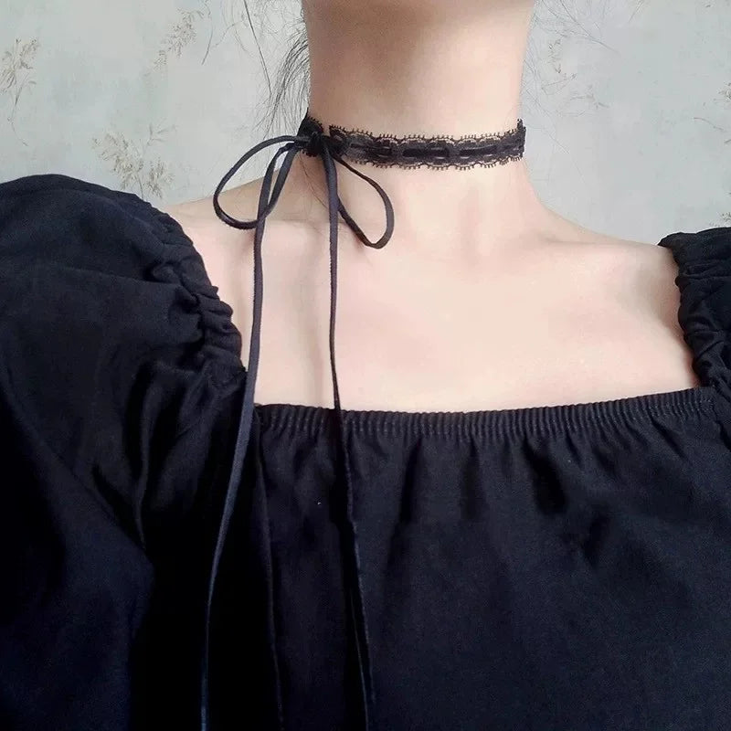 Black White Lace Bow Choker Necklaces for Women Gothic Dark Bow Strap Sweet Sexy Collar Necklace Party Female Jewelry Harajuku