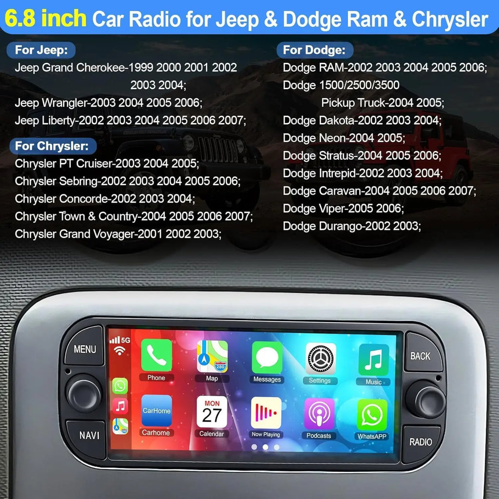New 6.86inch Android 13 Touch Car Stereo Radio Multimedia Video Player 2+32GB For Dodge RAM 2002-2006 Jeep Wrangler 2003-2006 Jeep Grand Cherokee 1999-2004 Support Wireless Carplay Android GPS WiFi FM RDS Bluetooth Mirror Lin