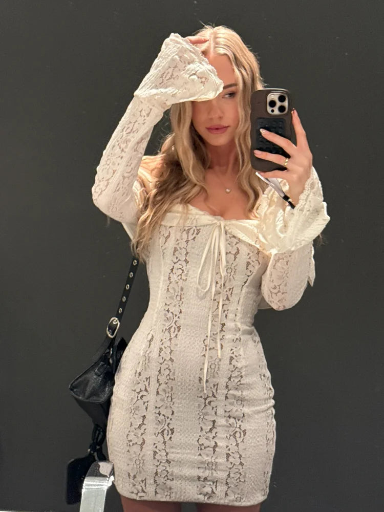White Lace Flare Off Shoulder Dress Women Elegant Sexy Hollow Out Long Sleeve Slim Dresses 2026 Spring Lady Mermaid Floor Robe