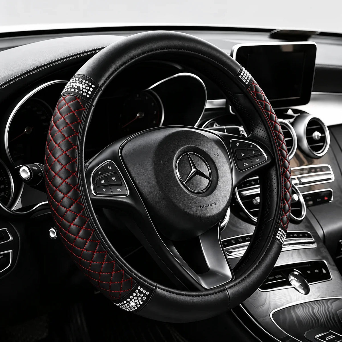 Napa Leather Perforated Patchwork Car Steering Wheel Cover, Non-slip, Breathable, Universal 15 Inch (Approx. 38.1cm)