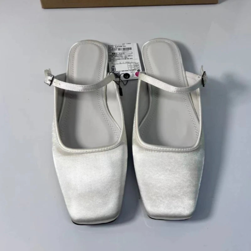 Summer Flat Sandals Woman 2026 New Square Toe Buckle Strap Breathable Satin Leisure Slingbacks Chic Mules Shoes for Ladies