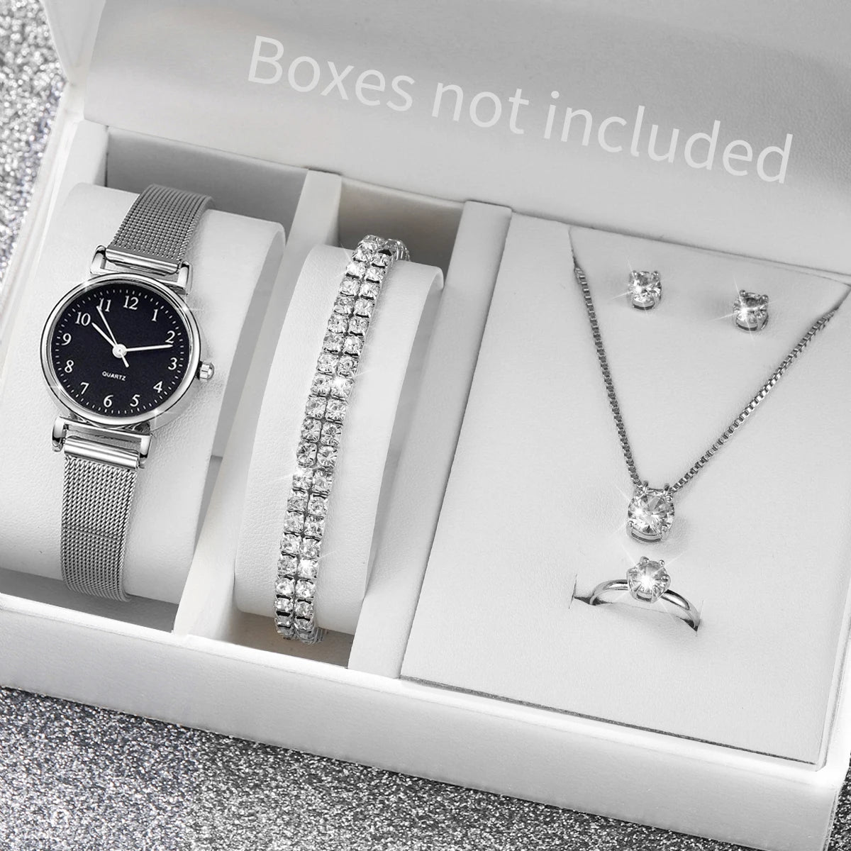 6PCS Fashion Women Watches Small Arabic Dial Quartz Watch Ladies Silver Mesh Band Wristwatches Jewelry Reloj Mujer（Without Box）