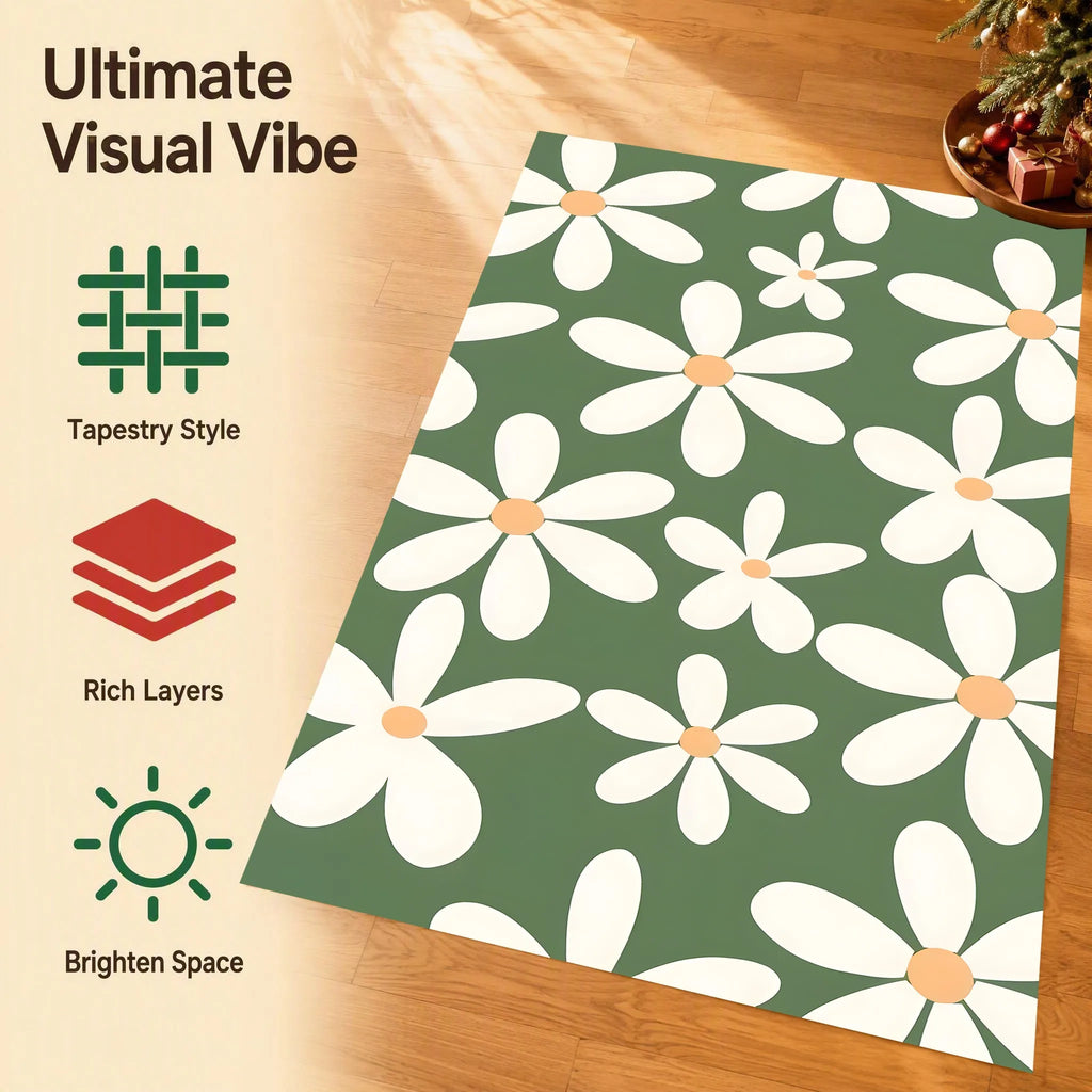 Green Daisy Print Rug Soft Velvet Area Carpet Living Room Bedroom Home Decor Carpet Mat