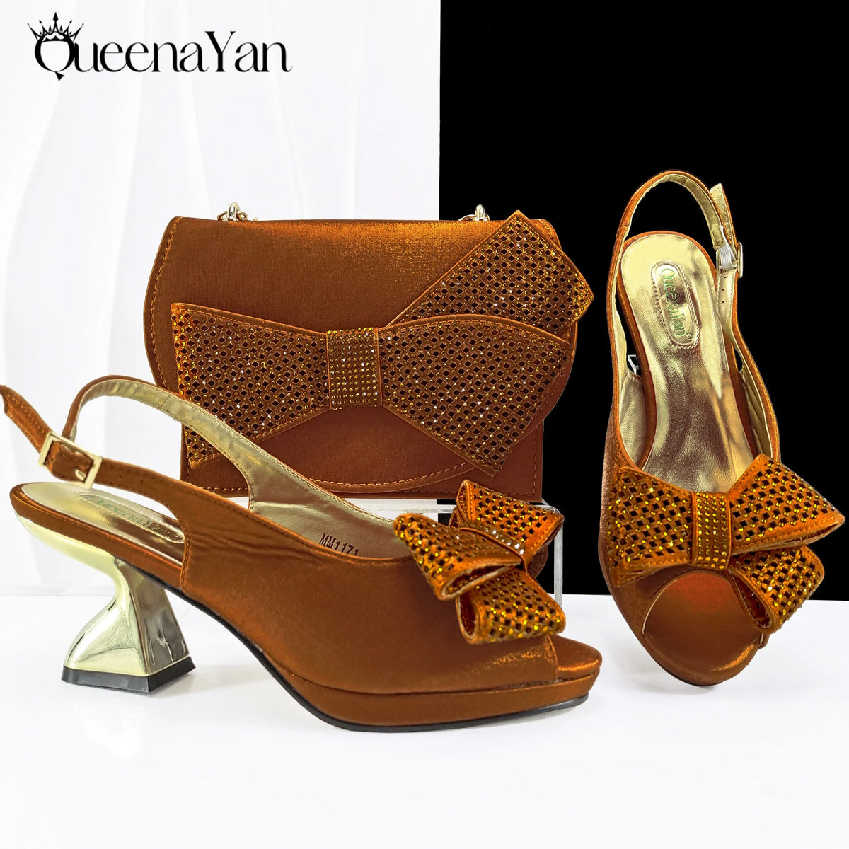 Queena Yan Elegant Women High Heels for Peep Toe Good Material Rhinestone Wine Sandals Italian Design Shoes and Bags Matching