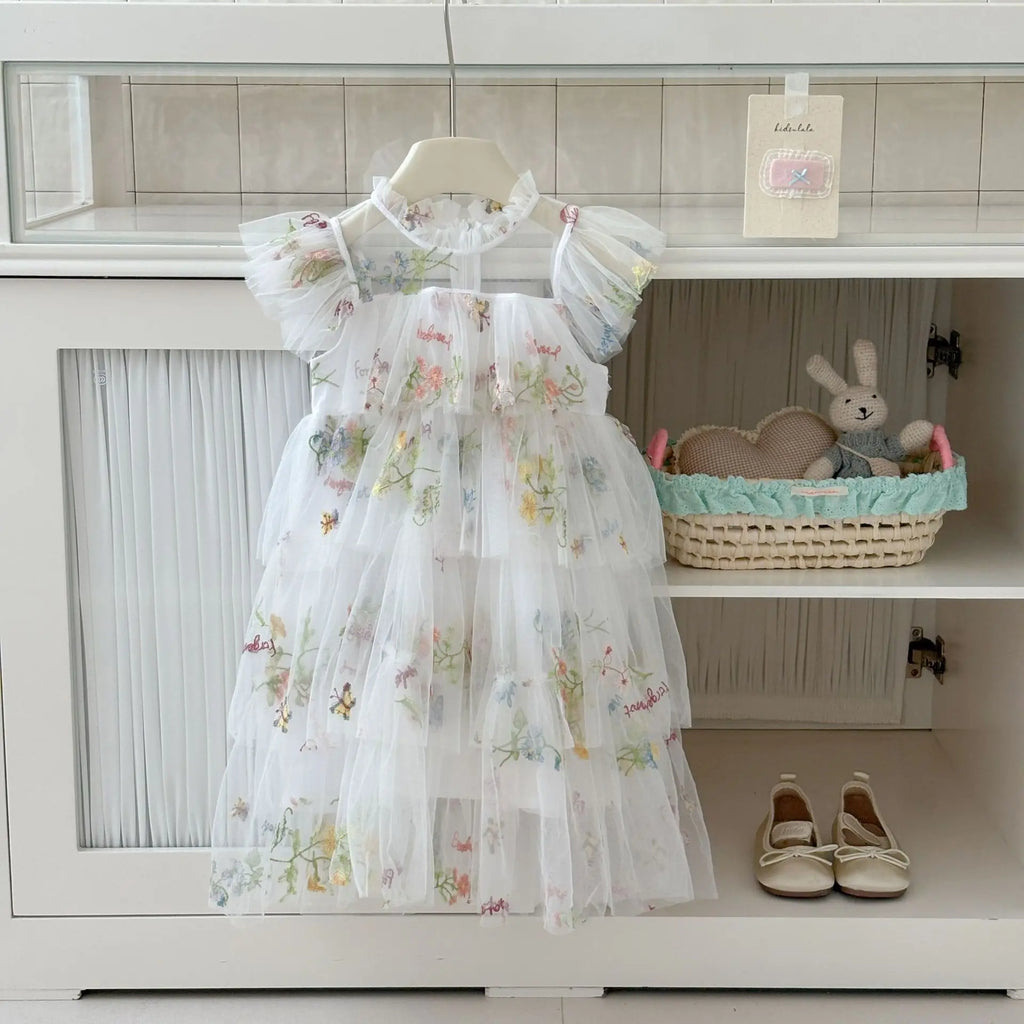 Girls Princess Dress Fairy Tulle Sweet Embroidered Cake Layered Dress for Kids Puffy Mesh Gown Birthday Party Wedding Dress