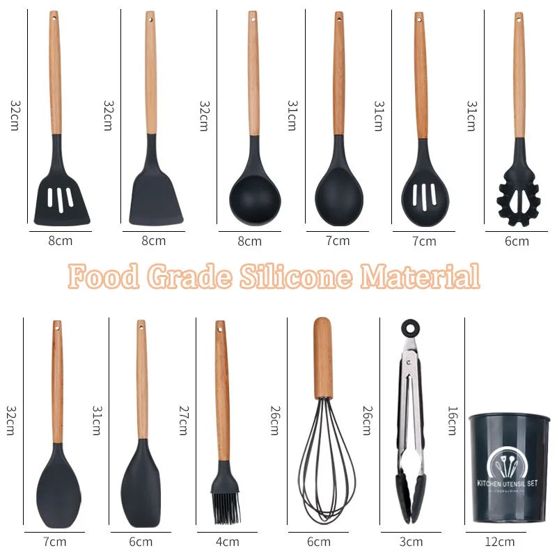 High Temperature Resistant Silicone Kitchenware Set Wooden Handle Shovel Leaky Spoon Tool Cooking Utensil Baking Accessories