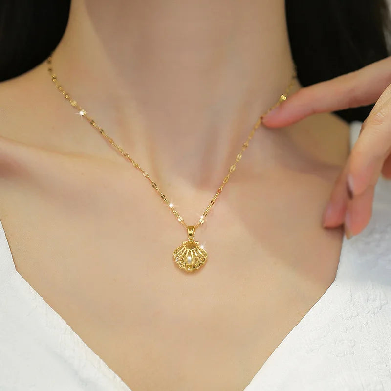 Yupsk Fashion Personalized Shell Starfish Pearl Necklace for Women  Versatile Shiny Zircon Engagement Wedding Party Jewelry