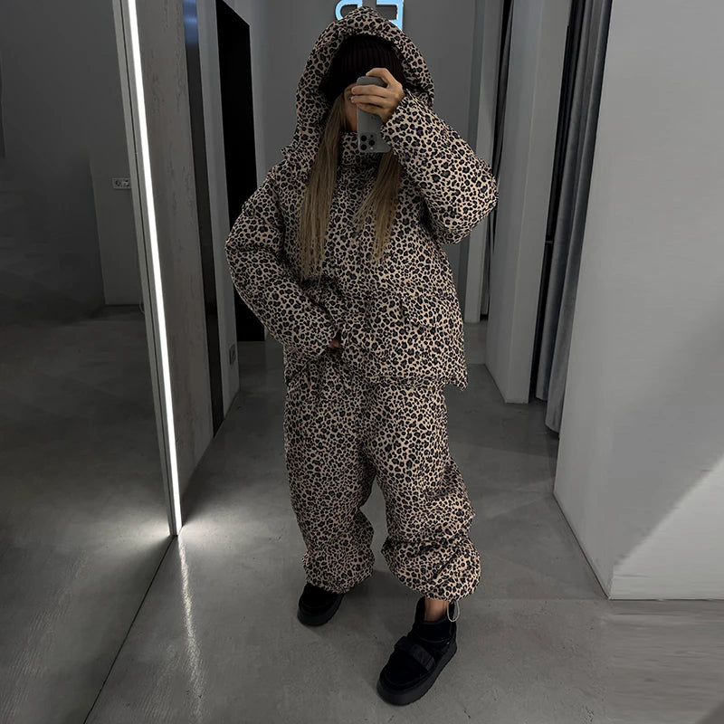 Fashion Women's Stripe Cotton Padded Coat Pant Set Loose Full Sleeve Hooded Zipper Jacket Elastic Waist Pants 2026 Winter Suits