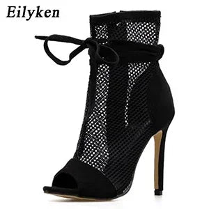 Eilyken Summer Zipper Boots Sandals Black Mesh Sexy Peep Toe Lace Up Women Shoes Stiletto High Heel 11.5CM Pole Dance Booties