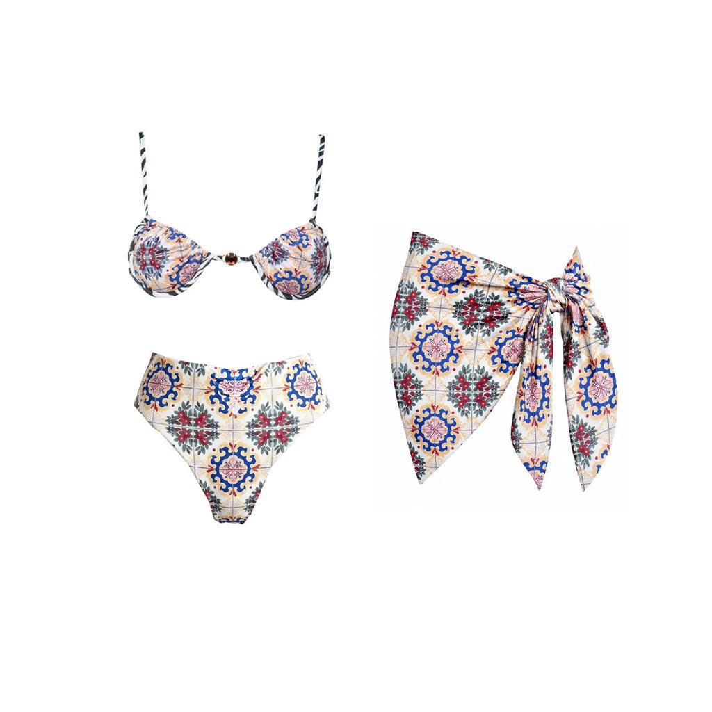 Push Up 2026 New Retro Prints 3 Pieces Bikinis Sets With Mesh Pants Beachwear Sexy Women's Swimsuit Cover-ups Strappy Beach Wear