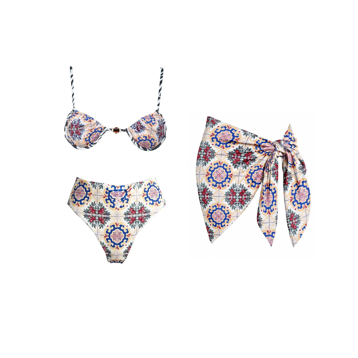 Push Up 2026 New Retro Prints 3 Pieces Bikinis Sets With Mesh Pants Beachwear Sexy Women's Swimsuit Cover-ups Strappy Beach Wear