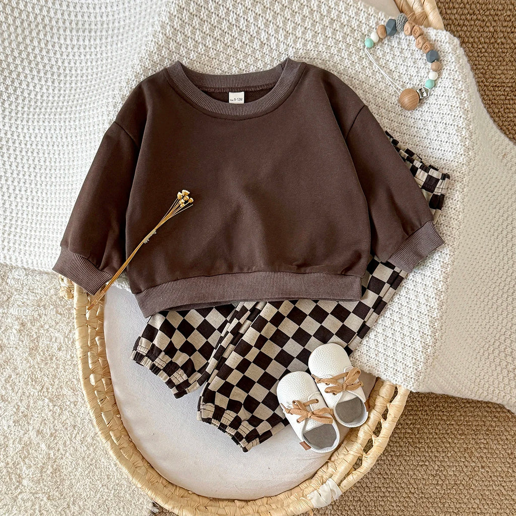 Autumn Fashion Newborn Baby Boys Girls Clothes Comfort Outfit Solid Color Long Sleeves Top+Chessboard Pattern Pants 2Pcs/set