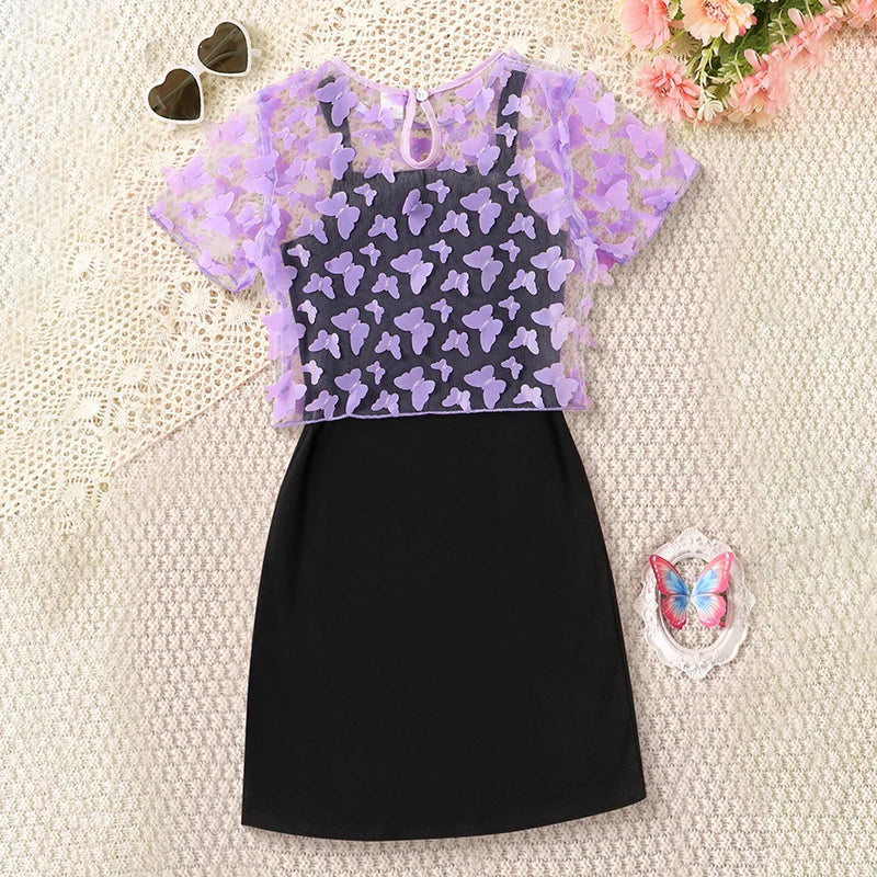 Girls' Summer Butterfly 2-Piece Dress & Tee Set - Stretchy, Comfortable & Easy-Care Kidswear
