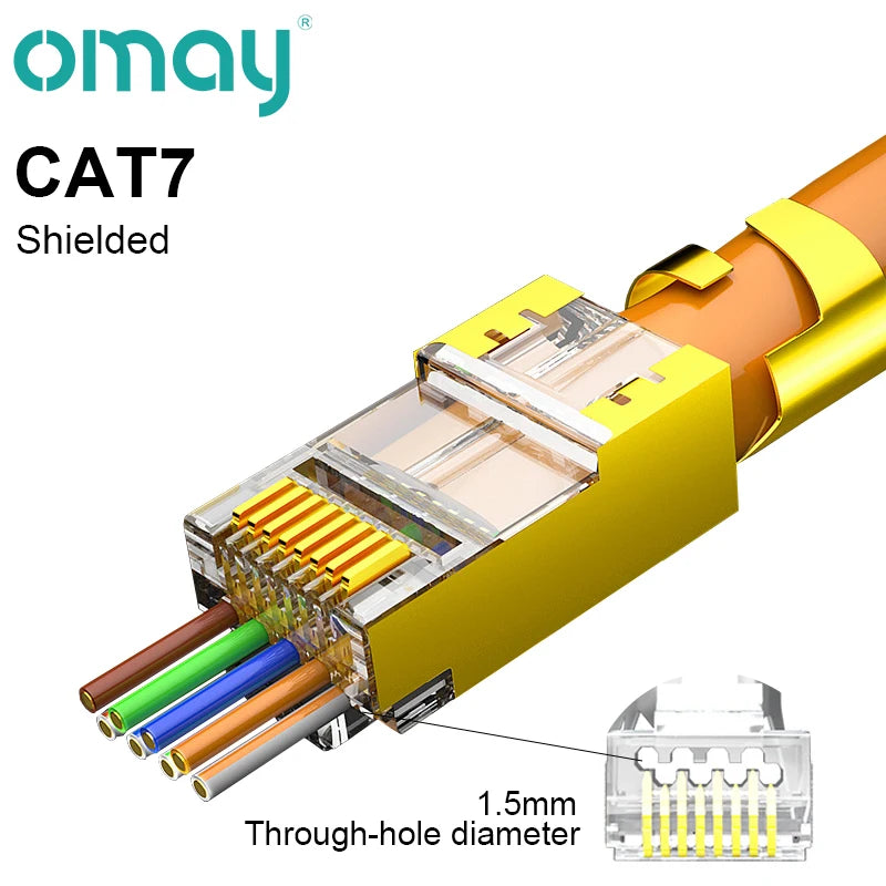 CAT6/7/5E RJ45 Connectors Pass Through Modular Plug Network UTP 3/50μ Gold-Plated 8P8C Crimp End for Ethernet Cable