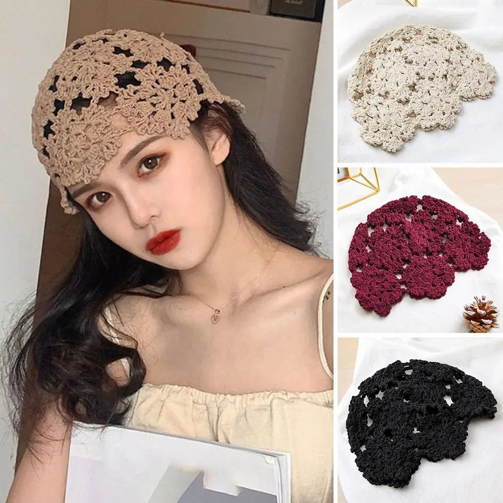 Breathable Hollowed Out Knitted Hat Flowers Casual Beret Cap Summer Fashion Flowers Breathable Cotton Skullies Sun Visor Women
