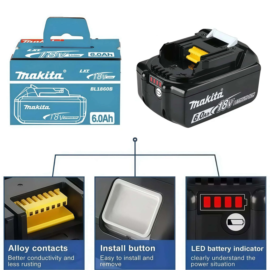 100% Genuine Original Makita 6.0Ah 18V Rechargeable Battery, BL1860B Makita 18V Battery BL1850 BL1840 BL1860 Replacement Lithium