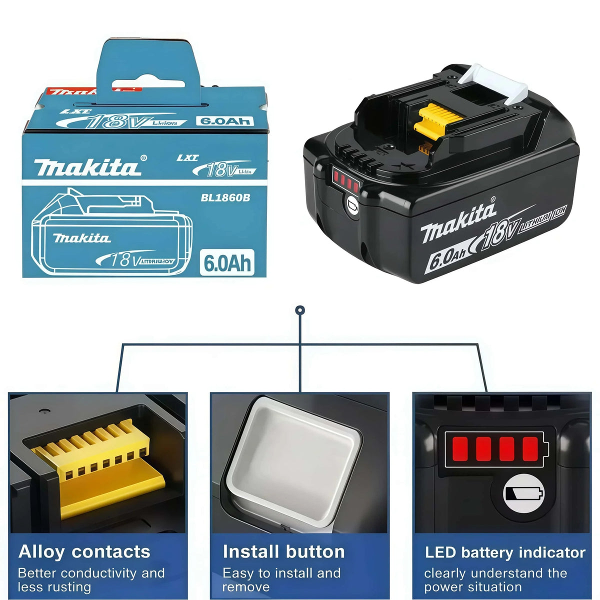 100% Genuine Original Makita 6.0Ah 18V Rechargeable Battery, BL1860B Makita 18V Battery BL1850 BL1840 BL1860 Replacement Lithium