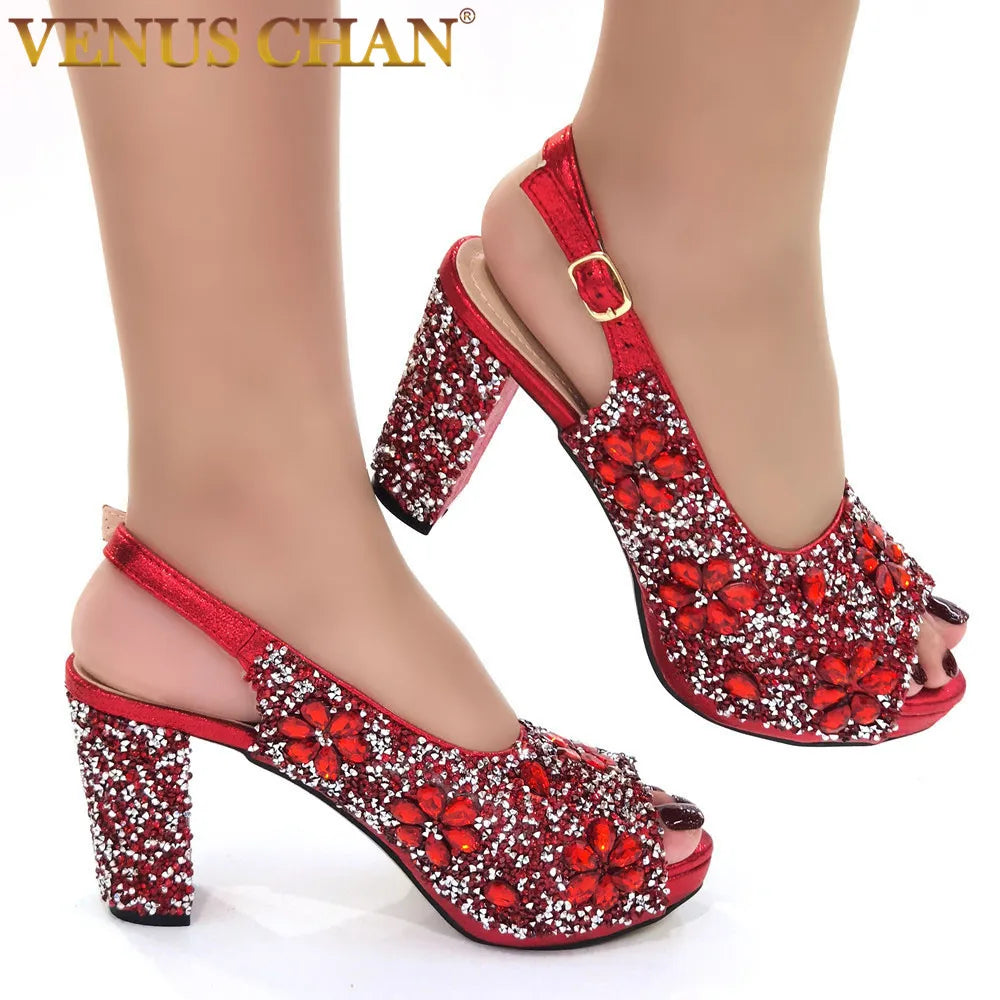Venus Chan African Fashion Wedding High Heel Sandals 2022 Italian Full Diamond Design Red Color Party Women Shoes